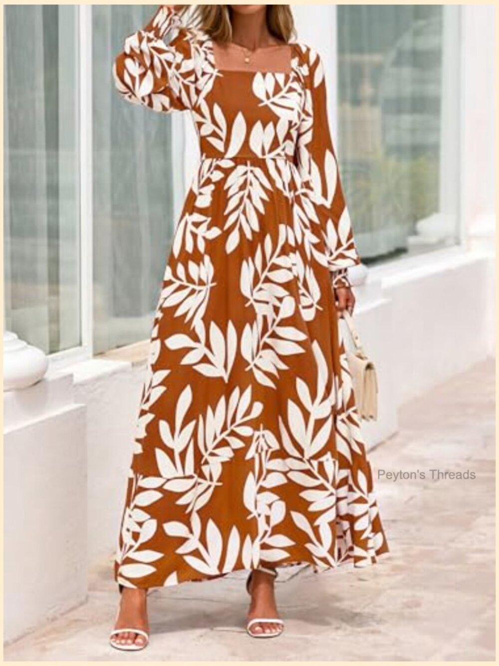 Square Neck Puff Sleeve Boho Maxi Dress with Pockets - Picture 5 of 7
